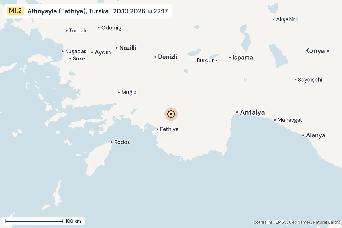 Karta: šire područje, 600 km, potres M1,2, Altınyayla (Fethiye), Turska, 20.10.2026.