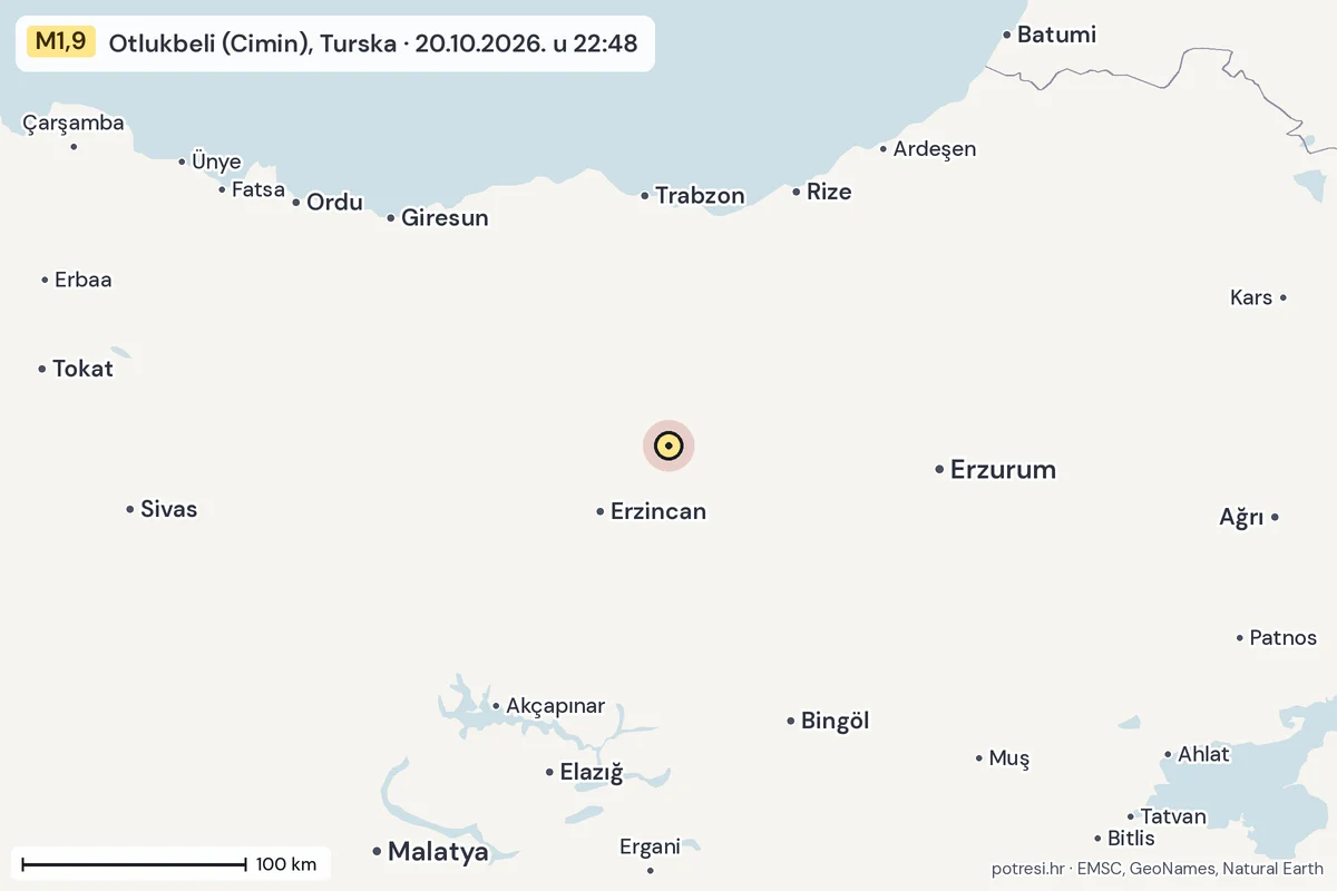 Karta: šire područje, 600 km, potres M1,9, Otlukbeli (Cimin), Turska, 20.10.2026.