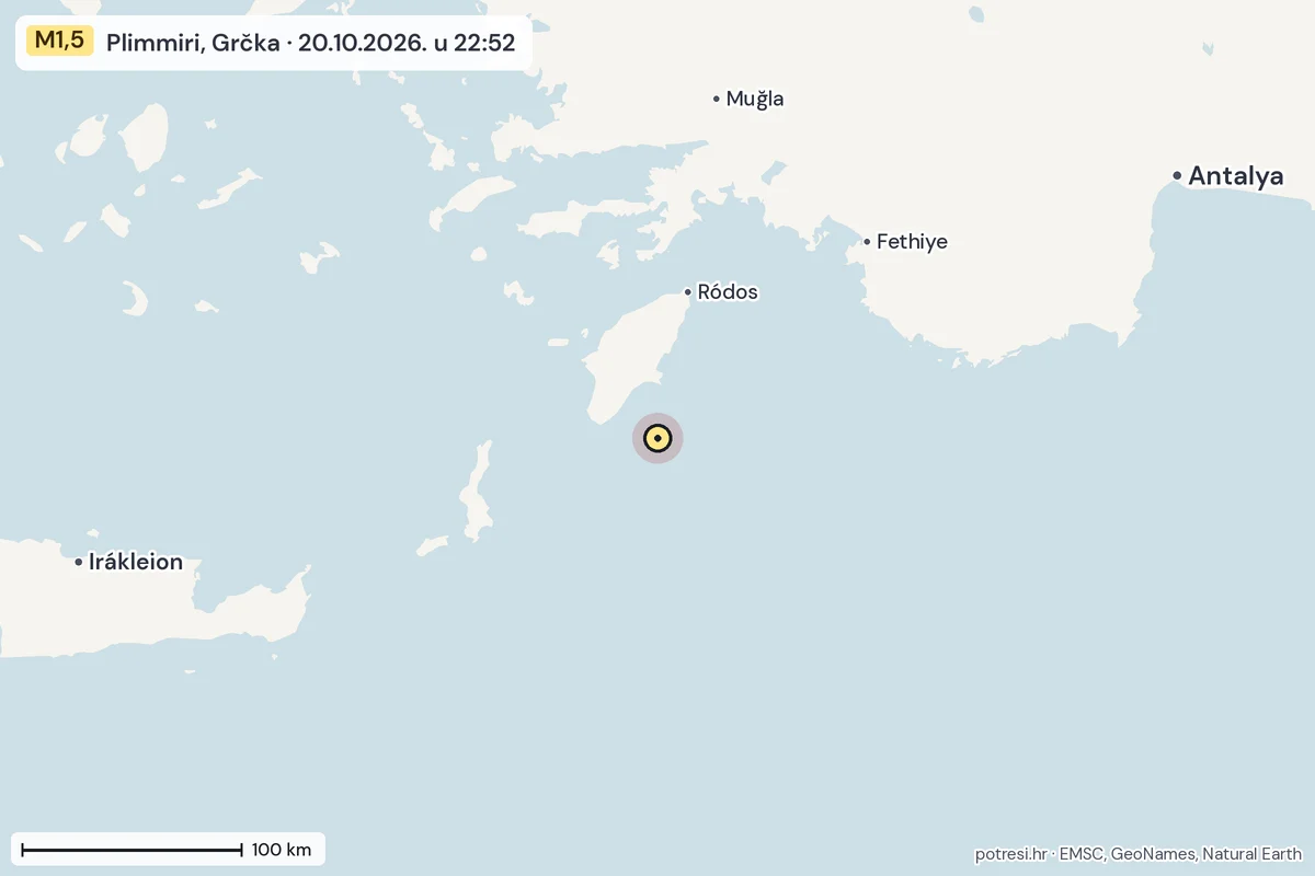Karta: šire područje, 600 km, potres M1,5, Plimmiri, Grčka, 20.10.2026.