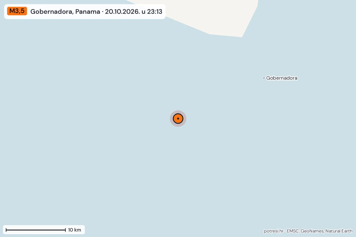 Karta: okolica epicentra, 60 km, potres M3,5, Gobernadora, Panama, 20.10.2026.