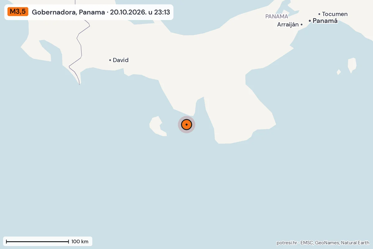 Karta: šire područje, 600 km, potres M3,5, Gobernadora, Panama, 20.10.2026.