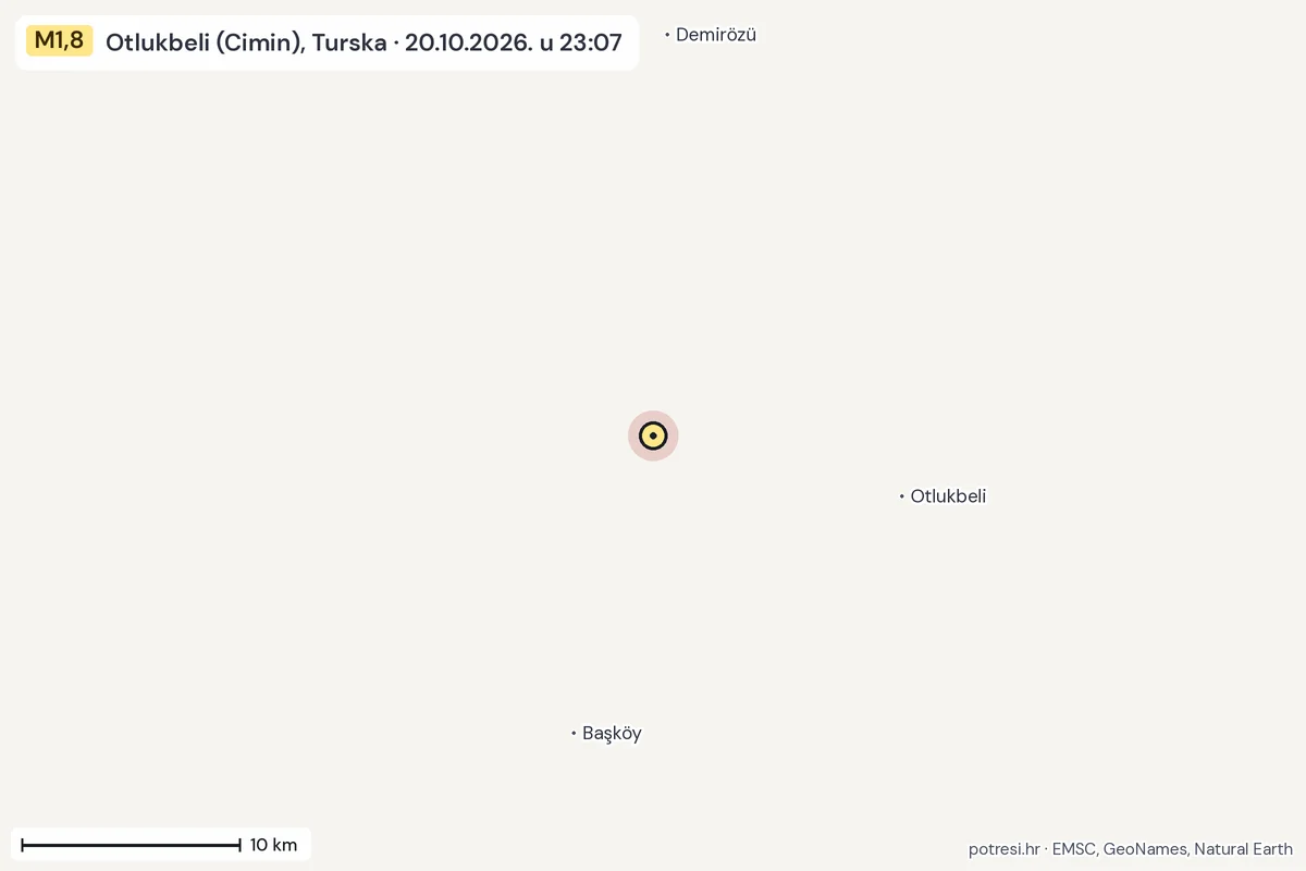 Karta: okolica epicentra, 60 km, potres M1,8, Otlukbeli (Cimin), Turska, 20.10.2026.