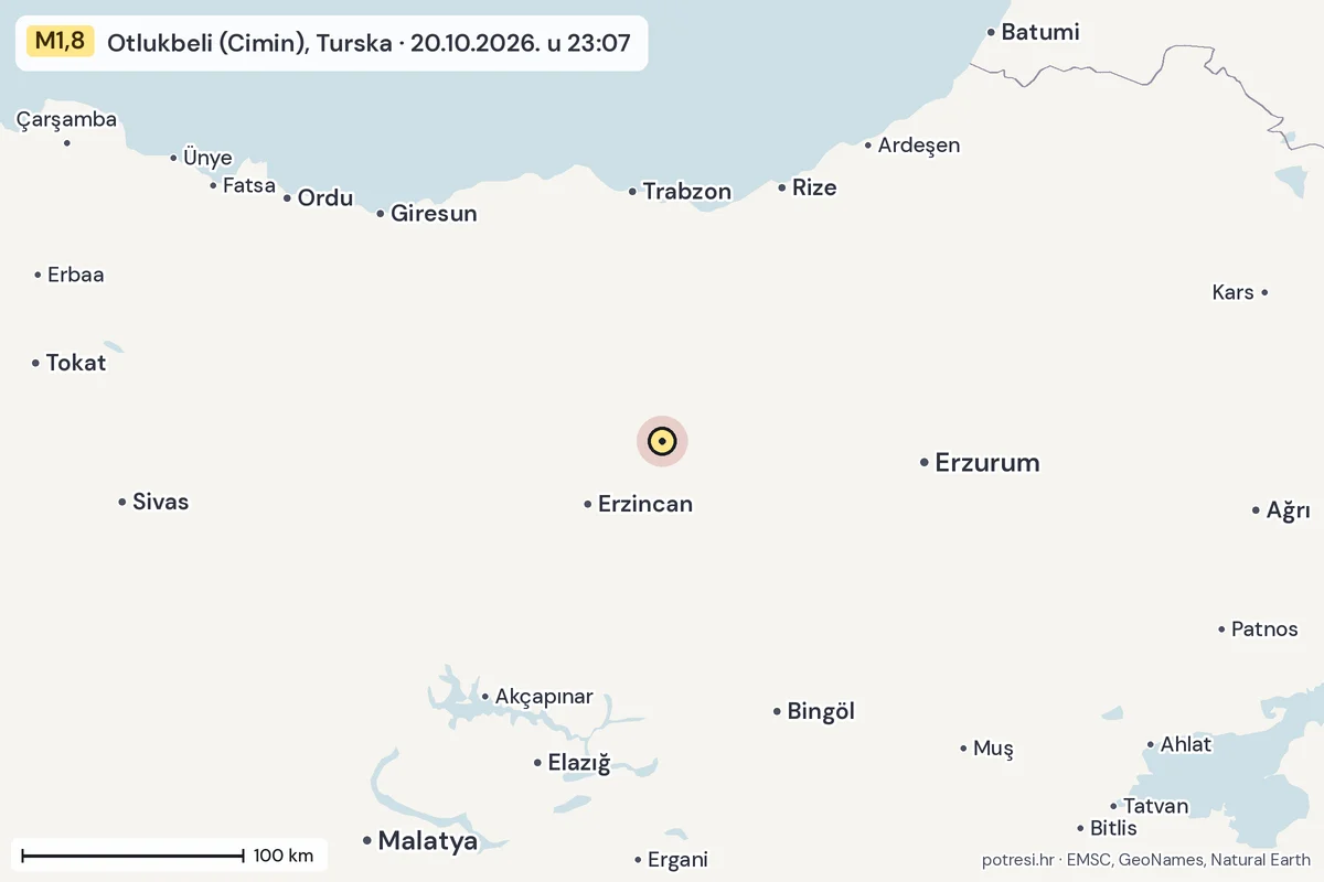 Karta: šire područje, 600 km, potres M1,8, Otlukbeli (Cimin), Turska, 20.10.2026.