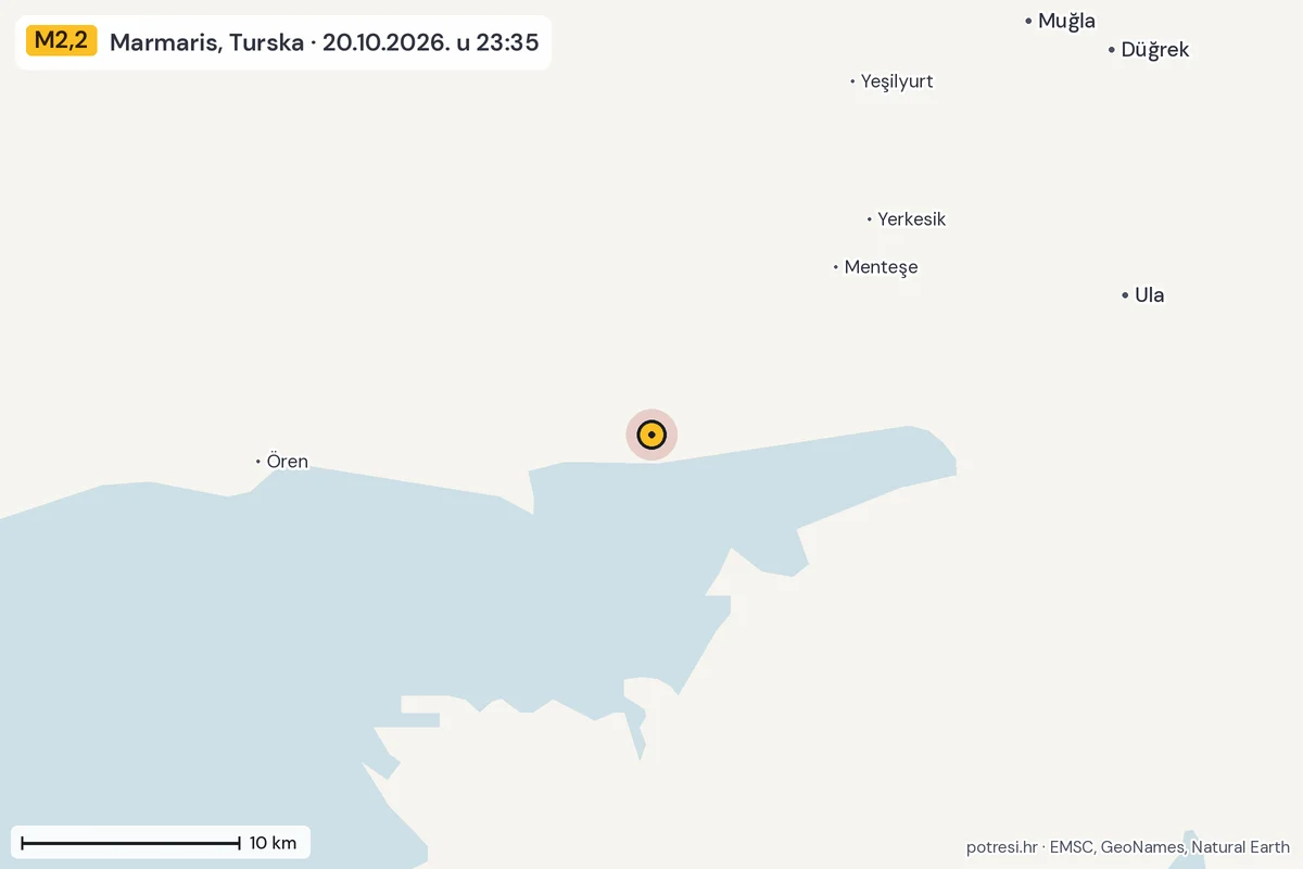 Karta: okolica epicentra, 60 km, potres M2,2, Marmaris, Turska, 20.10.2026.