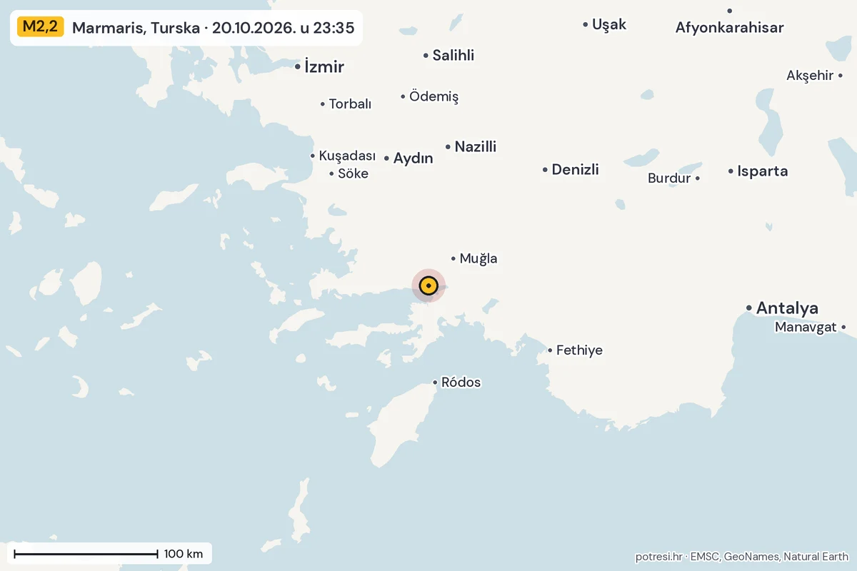 Karta: šire područje, 600 km, potres M2,2, Marmaris, Turska, 20.10.2026.