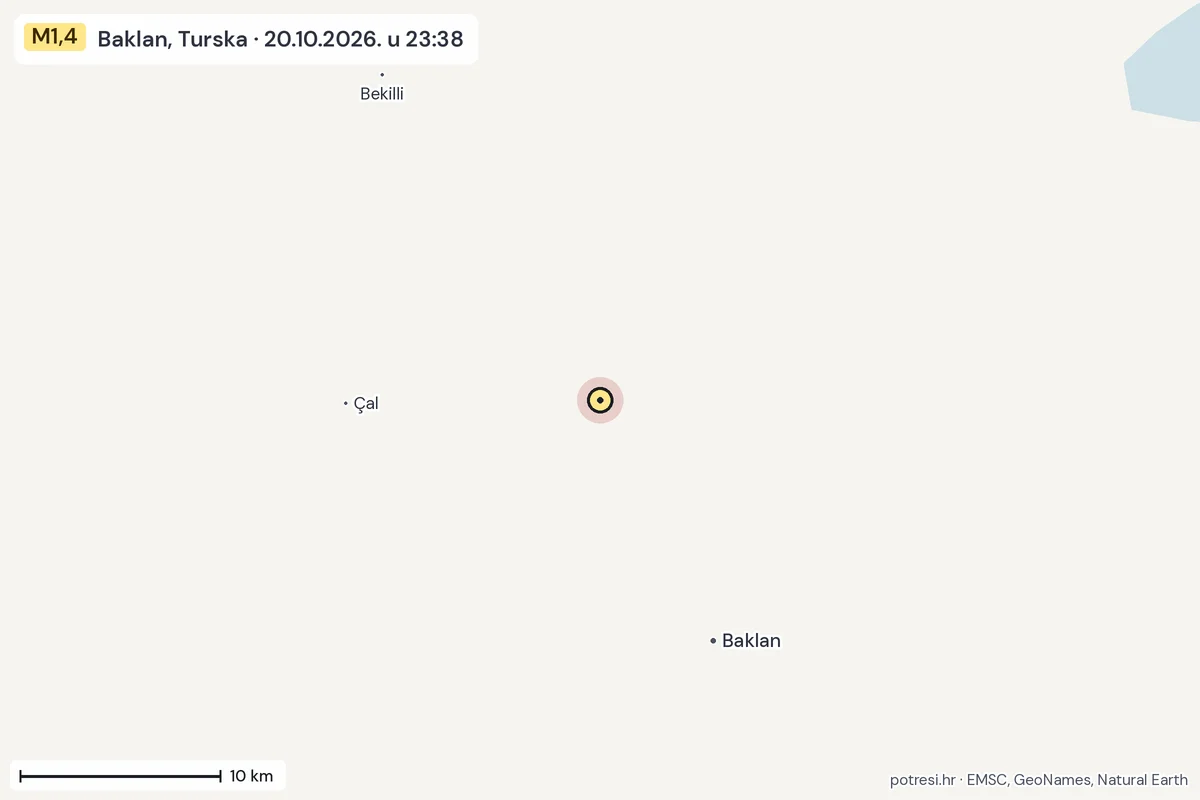Karta: okolica epicentra, 60 km, potres M1,4, Baklan, Turska, 20.10.2026.