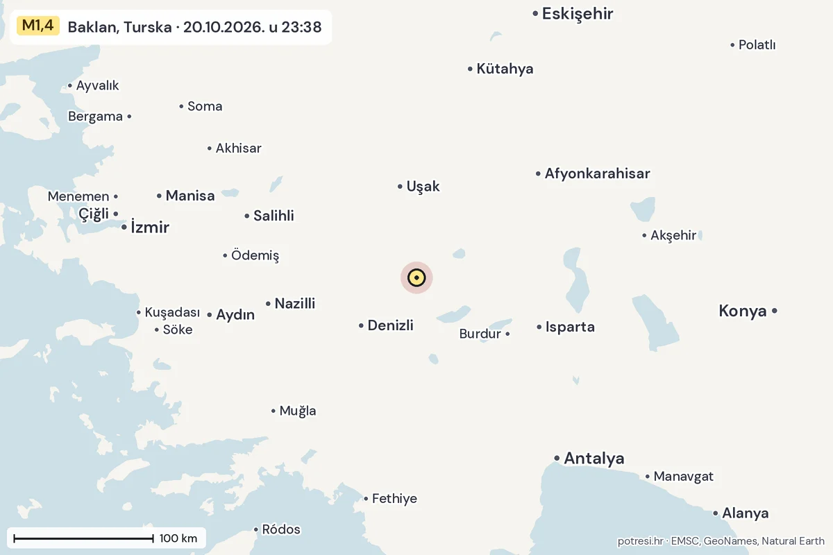 Karta: šire područje, 600 km, potres M1,4, Baklan, Turska, 20.10.2026.