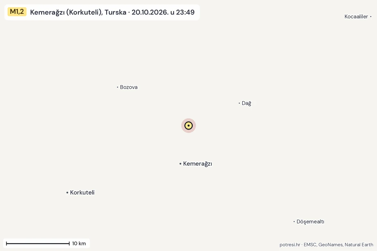 Karta: okolica epicentra, 60 km, potres M1,2, Kemerağzı (Korkuteli), Turska, 20.10.2026.