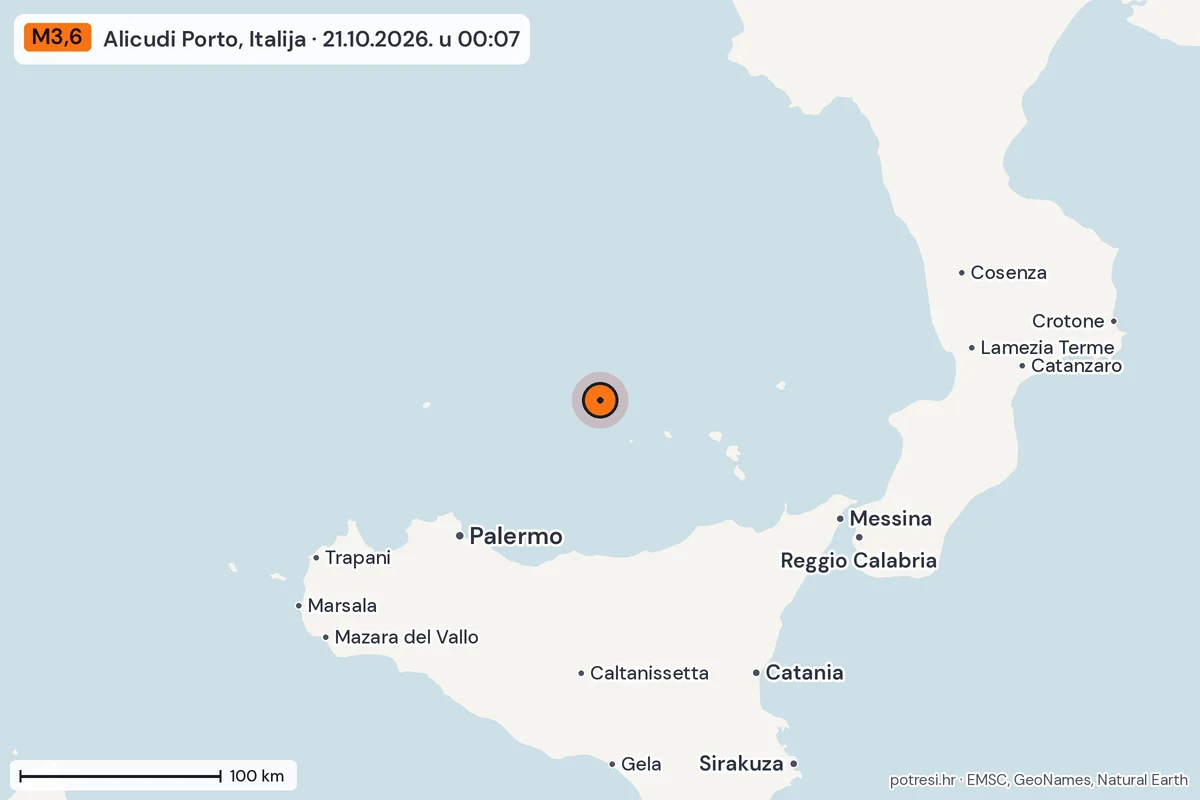 Karta: šire područje, 600 km, potres M3,6, Alicudi Porto, Italija, 21.10.2026.