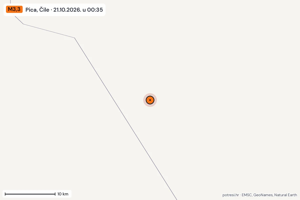 Karta: okolica epicentra, 60 km, potres M3,3, Pica, Čile, 21.10.2026.