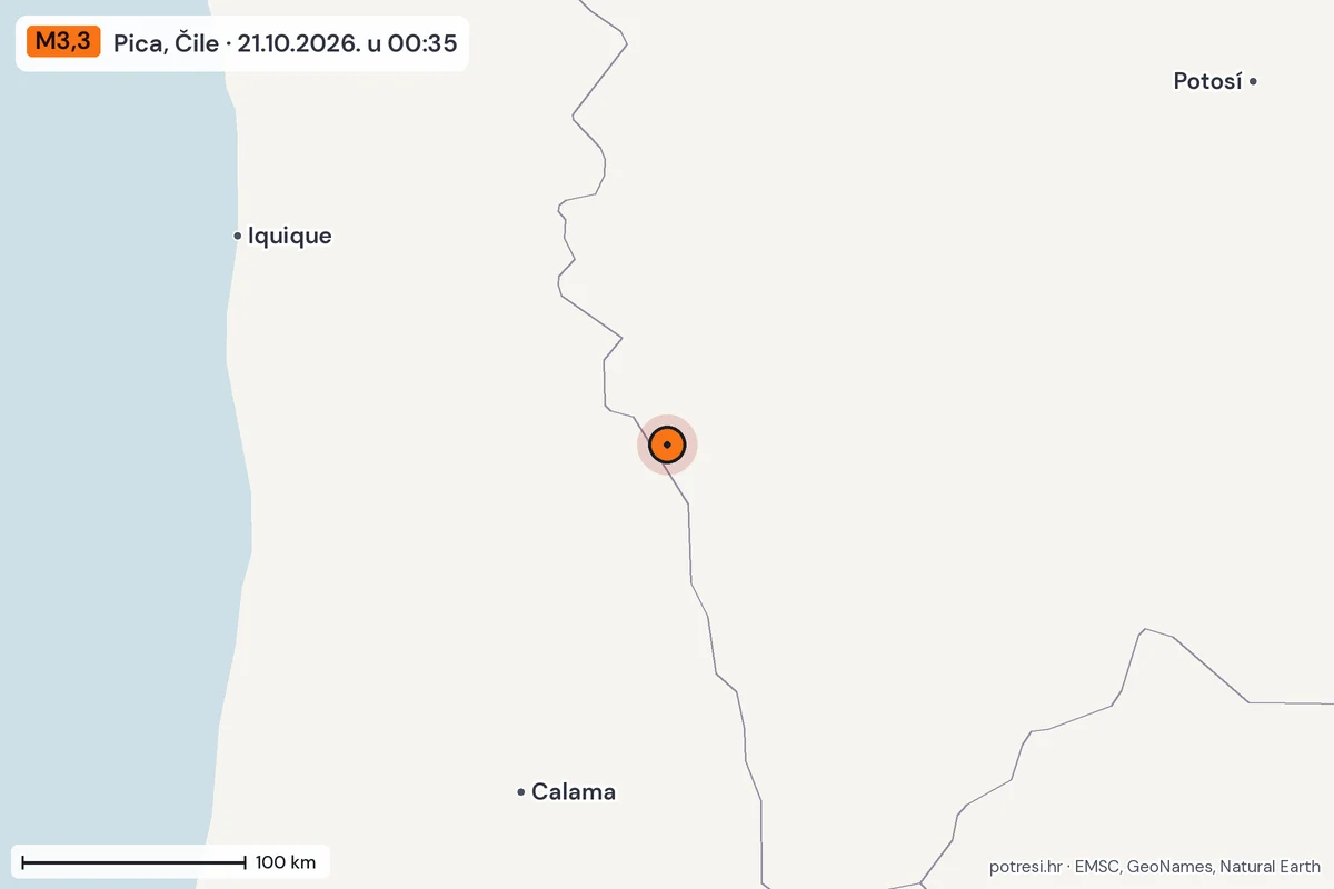 Karta: šire područje, 600 km, potres M3,3, Pica, Čile, 21.10.2026.