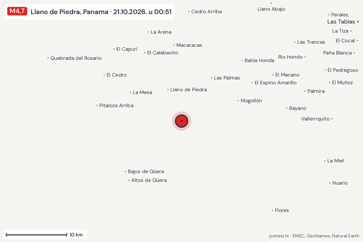 Karta: okolica epicentra, 60 km, potres M4,7, Llano de Piedra, Panama, 21.10.2026.