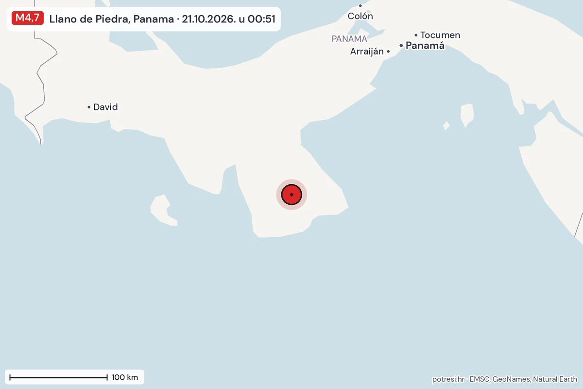 Karta: šire područje, 600 km, potres M4,7, Llano de Piedra, Panama, 21.10.2026.
