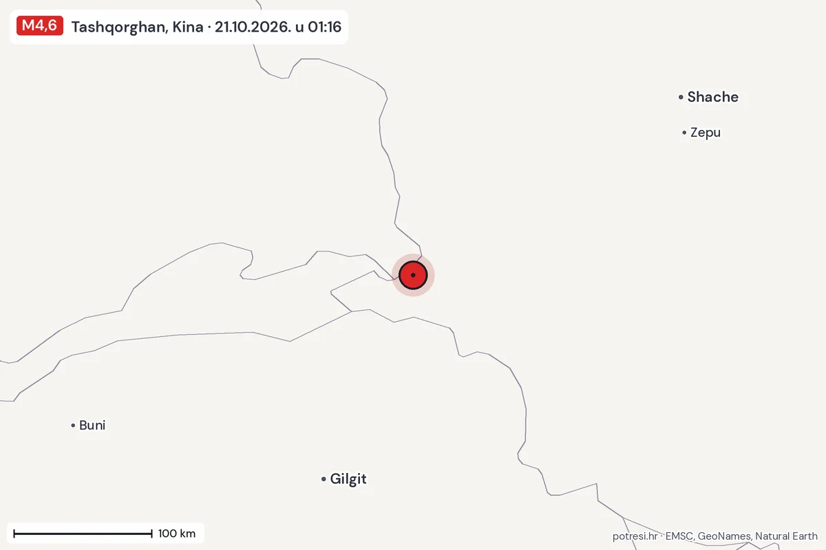 Karta: šire područje, 600 km, potres M4,6, Tashqorghan, Kina, 21.10.2026.