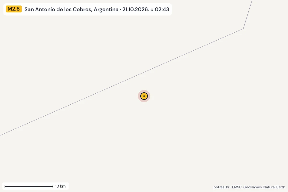 Karta: okolica epicentra, 60 km, potres M2,8, San Antonio de los Cobres, Argentina, 21.10.2026.