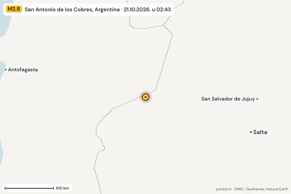 Karta: šire područje, 600 km, potres M2,8, San Antonio de los Cobres, Argentina, 21.10.2026.