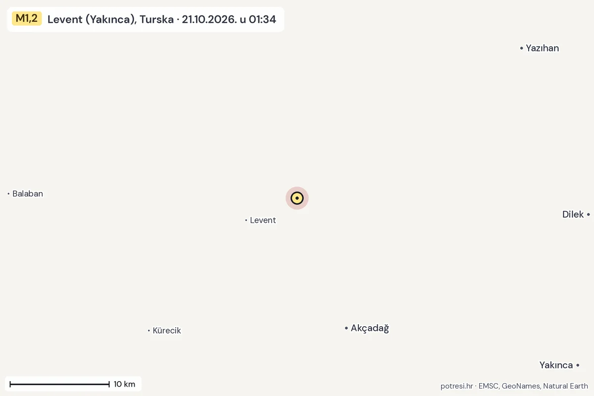 Karta: okolica epicentra, 60 km, potres M1,2, Levent (Yakınca), Turska, 21.10.2026.