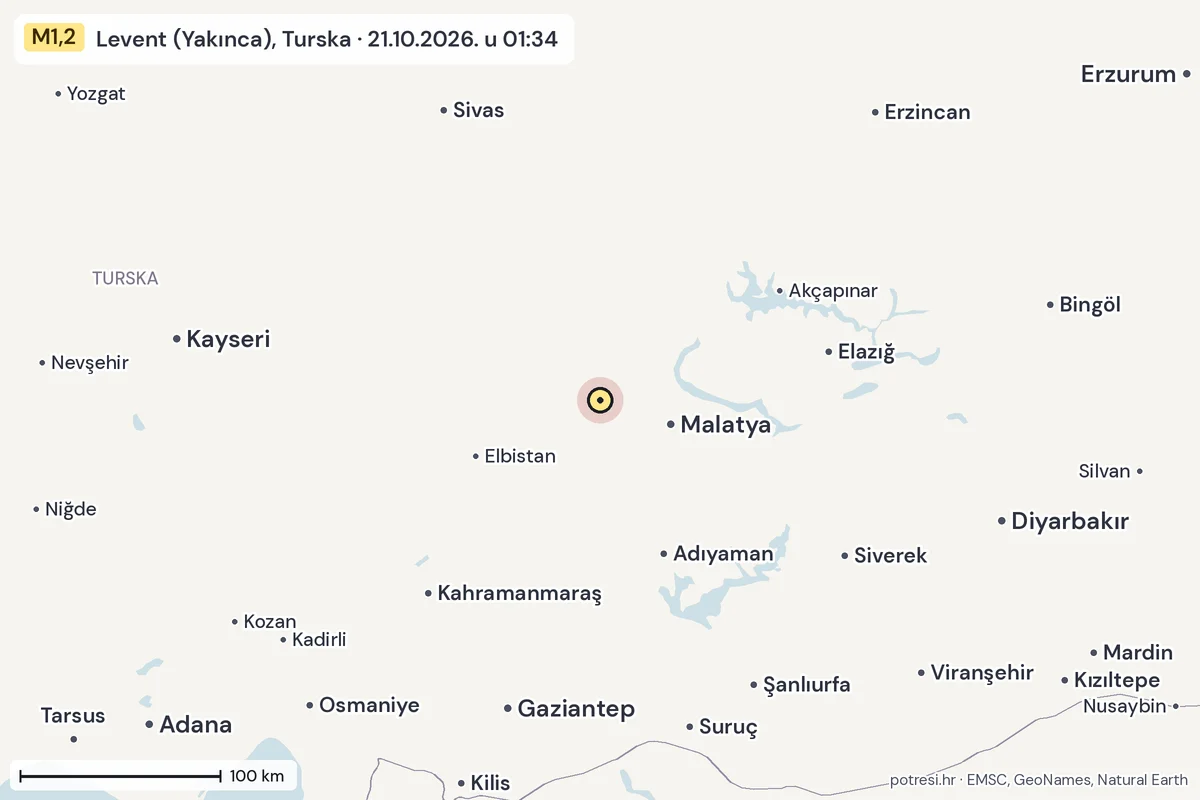 Karta: šire područje, 600 km, potres M1,2, Levent (Yakınca), Turska, 21.10.2026.