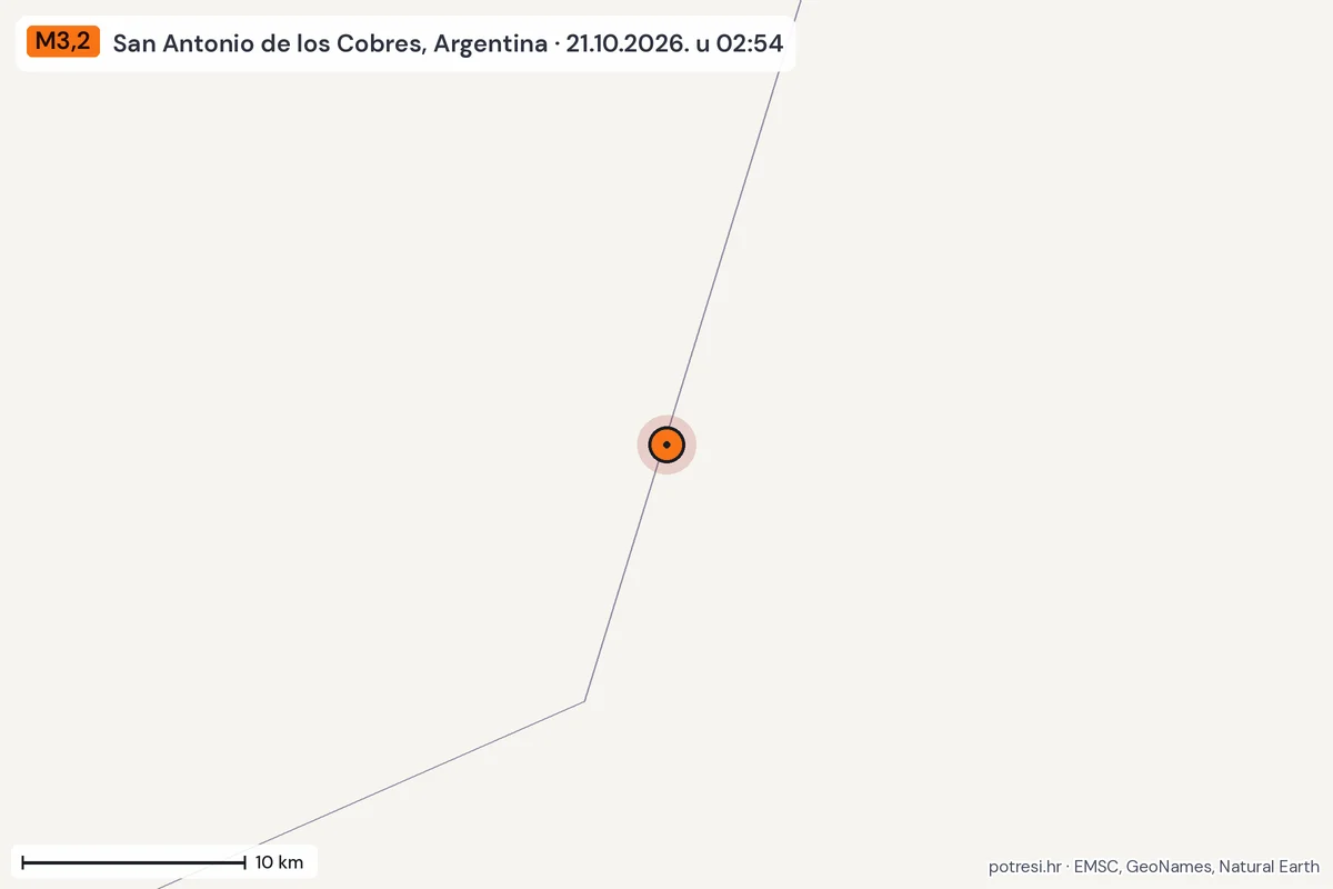 Karta: okolica epicentra, 60 km, potres M3,2, San Antonio de los Cobres, Argentina, 21.10.2026.