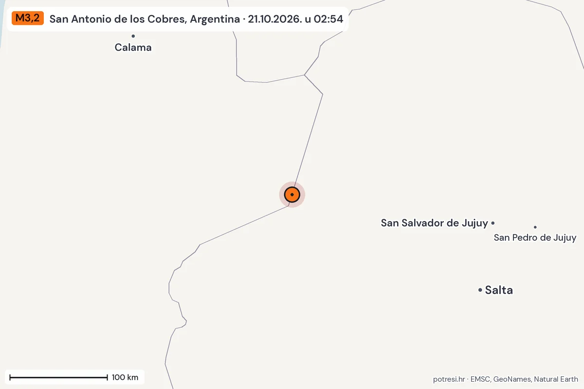 Karta: šire područje, 600 km, potres M3,2, San Antonio de los Cobres, Argentina, 21.10.2026.