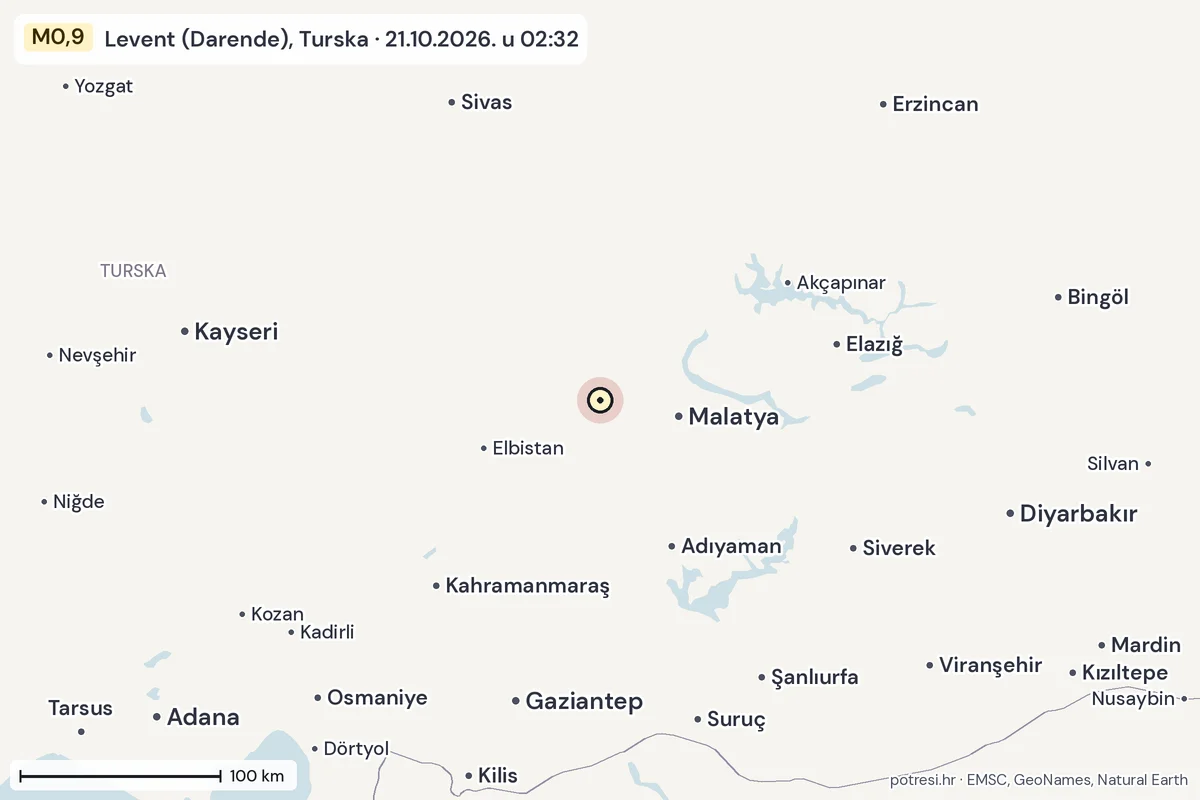 Karta: šire područje, 600 km, potres M0,9, Levent (Darende), Turska, 21.10.2026.