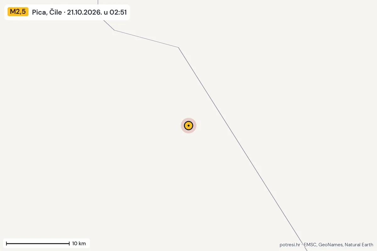 Karta: okolica epicentra, 60 km, potres M2,5, Pica, Čile, 21.10.2026.