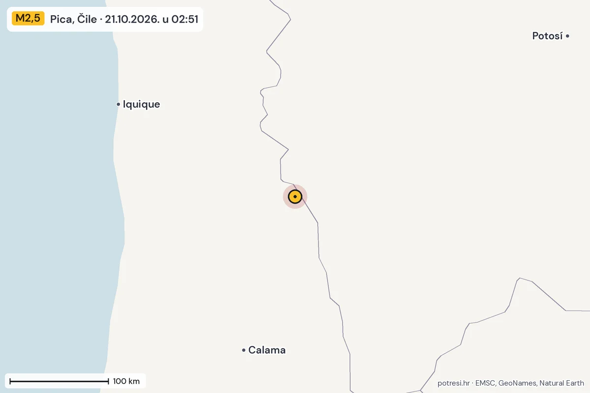 Karta: šire područje, 600 km, potres M2,5, Pica, Čile, 21.10.2026.