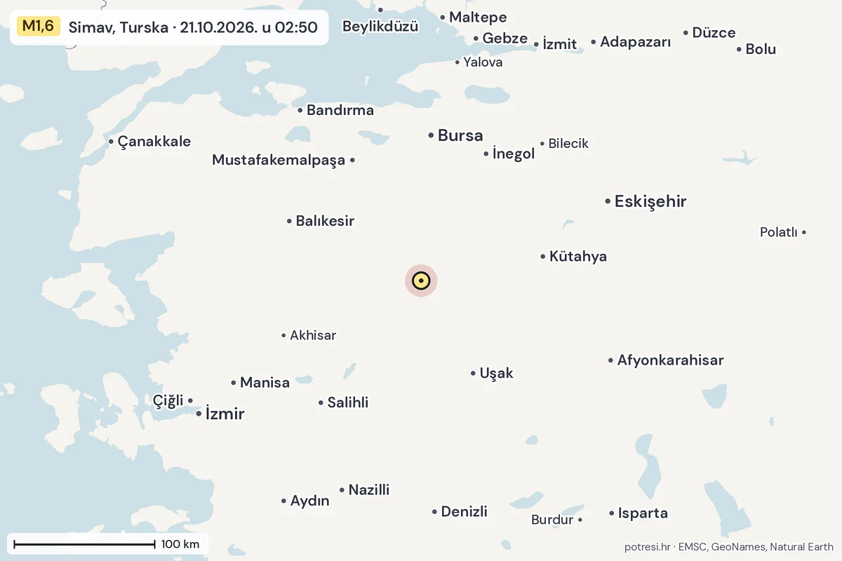 Karta: šire područje, 600 km, potres M1,6, Simav, Turska, 21.10.2026.