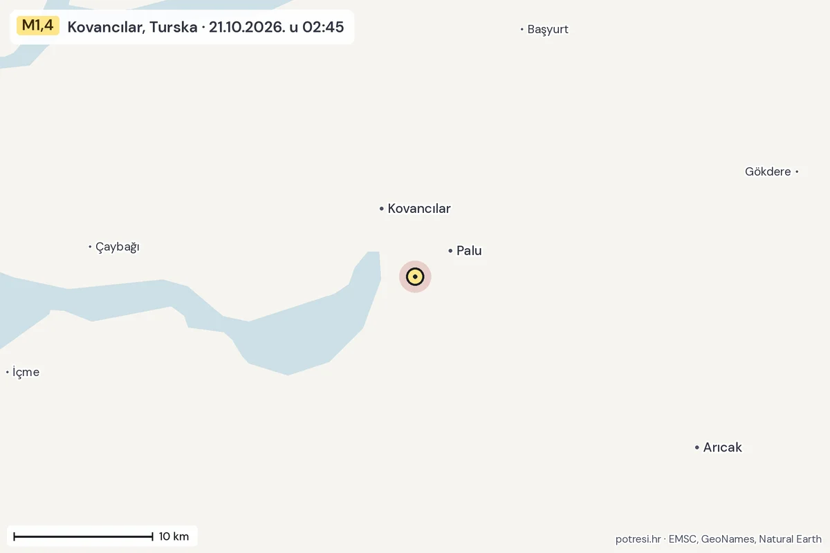Karta: okolica epicentra, 60 km, potres M1,4, Kovancılar, Turska, 21.10.2026.
