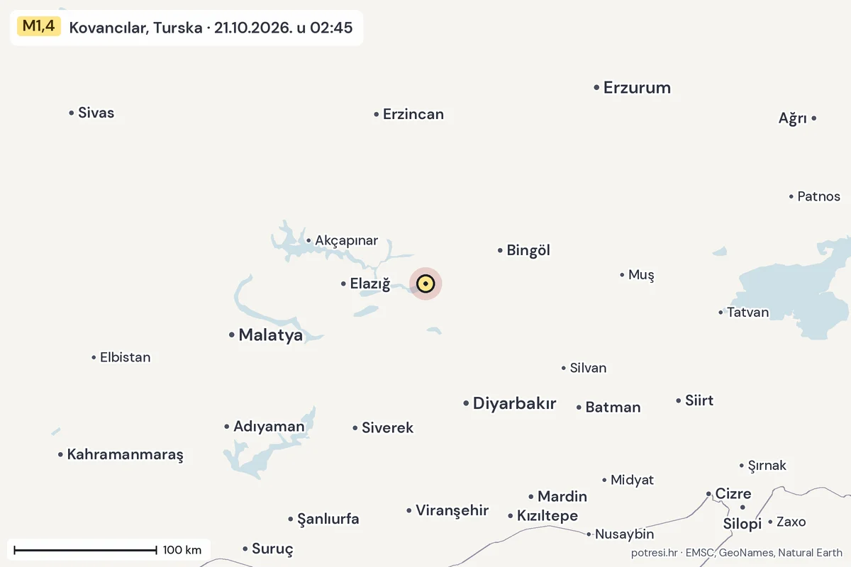 Karta: šire područje, 600 km, potres M1,4, Kovancılar, Turska, 21.10.2026.