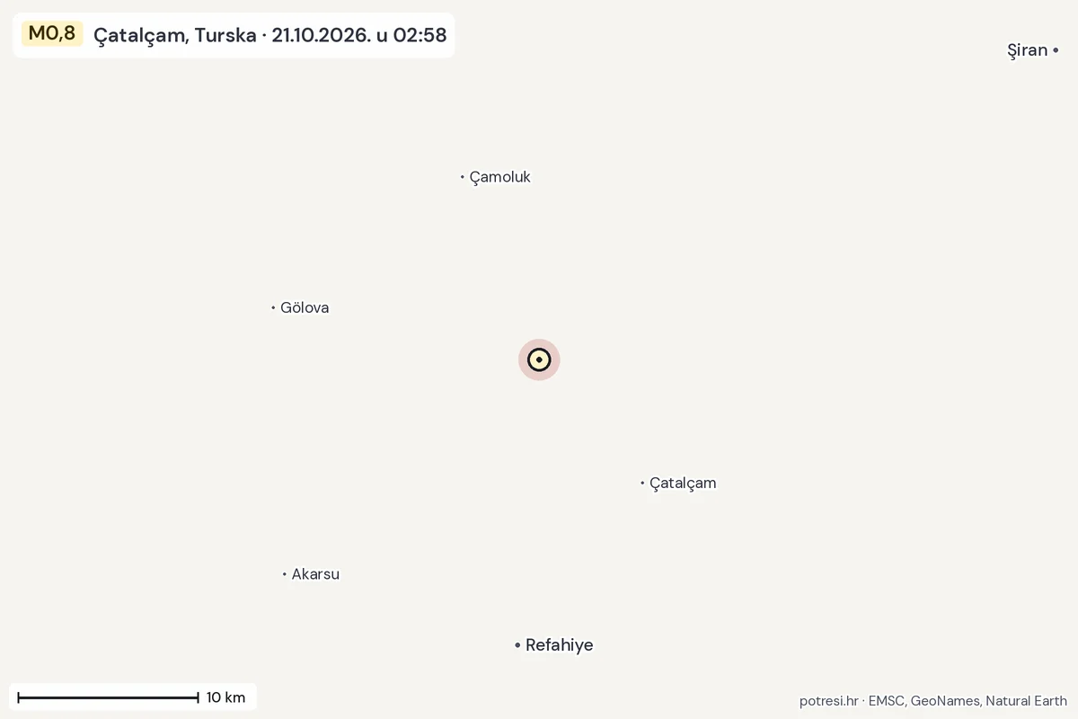 Karta: okolica epicentra, 60 km, potres M0,8, Çatalçam, Turska, 21.10.2026.