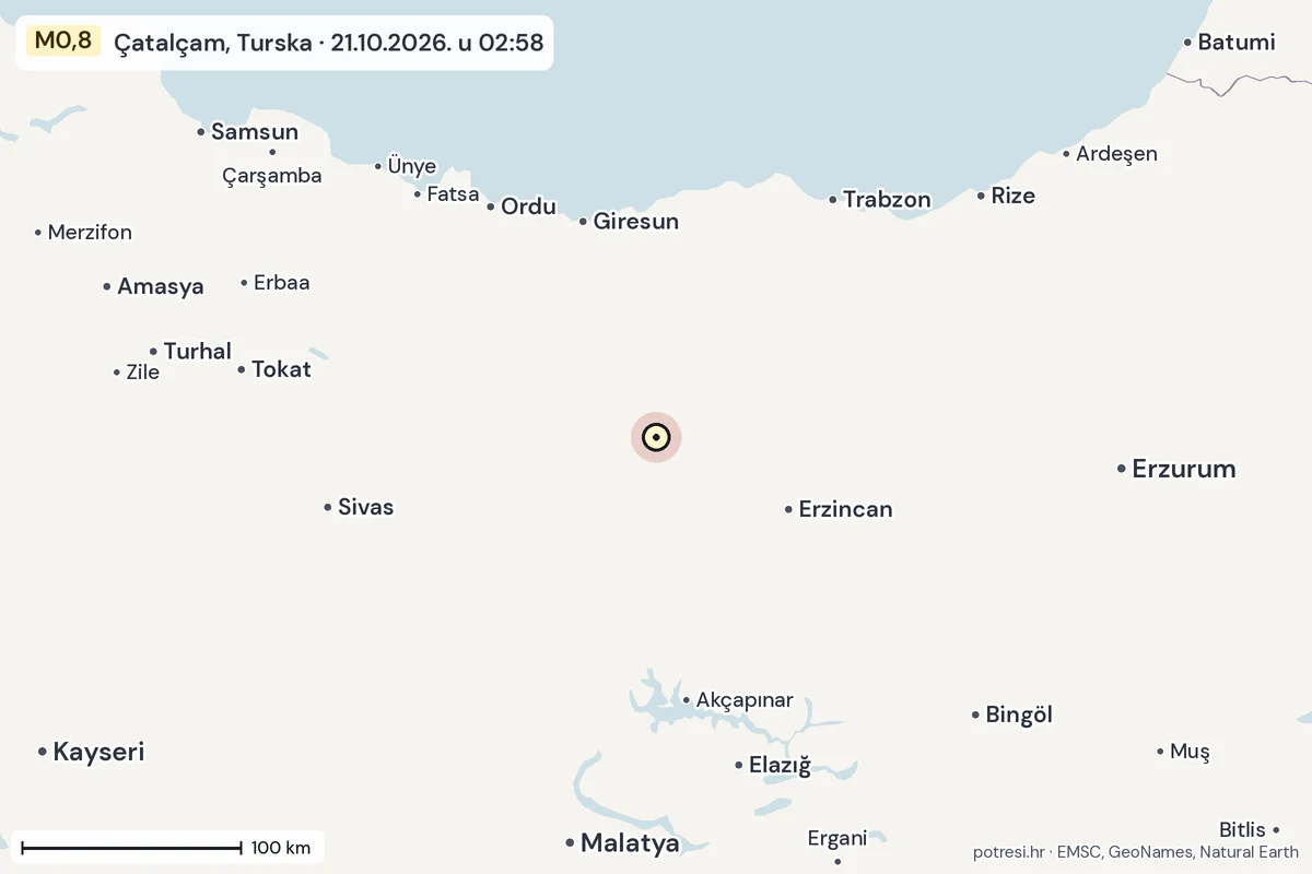 Karta: šire područje, 600 km, potres M0,8, Çatalçam, Turska, 21.10.2026.