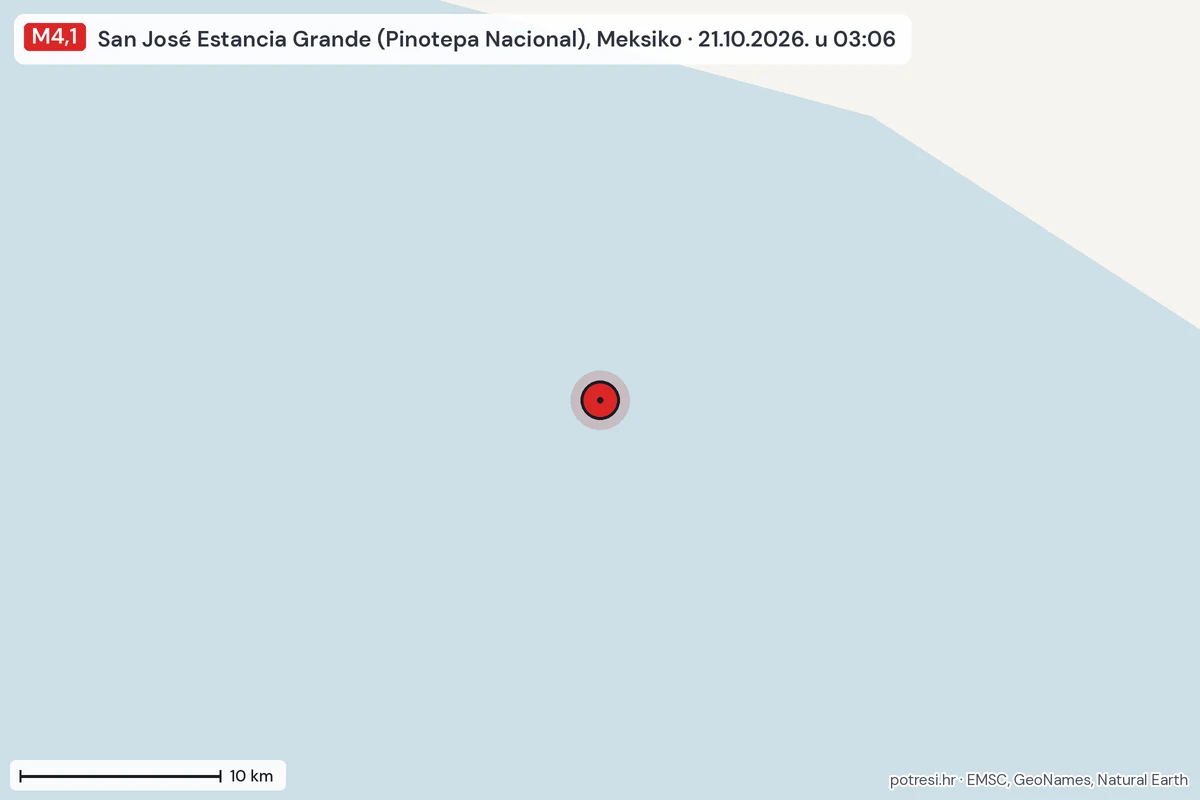 Karta: okolica epicentra, 60 km, potres M4,1, San José Estancia Grande (Pinotepa Nacional), Meksiko, 21.10.2026.