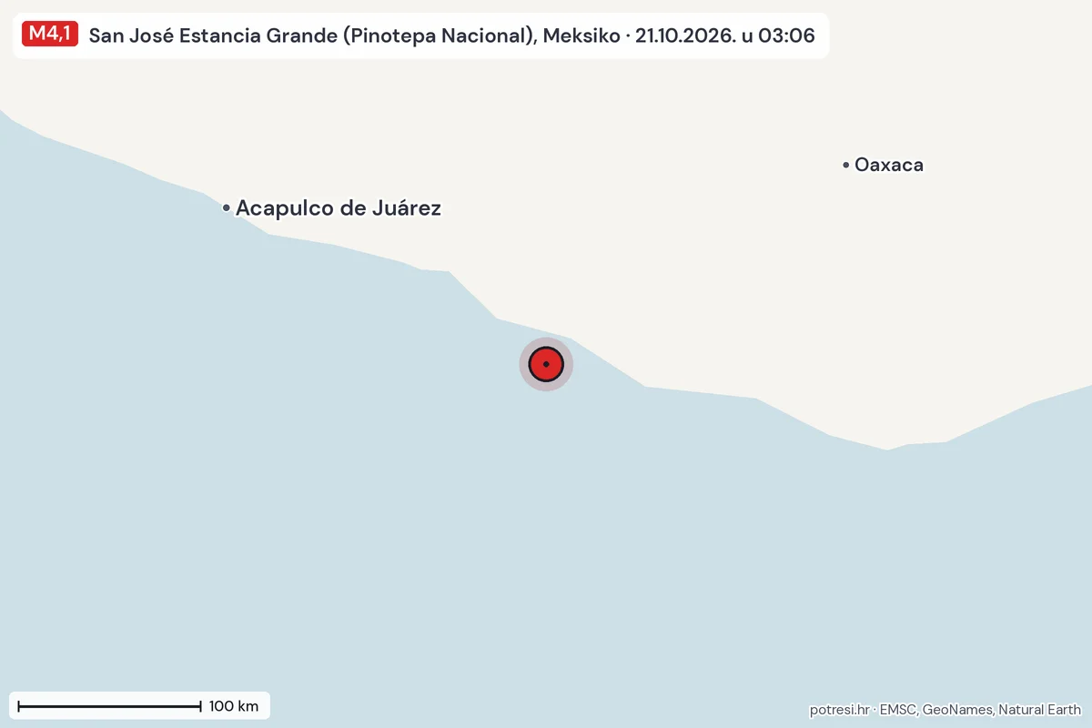 Karta: šire područje, 600 km, potres M4,1, San José Estancia Grande (Pinotepa Nacional), Meksiko, 21.10.2026.