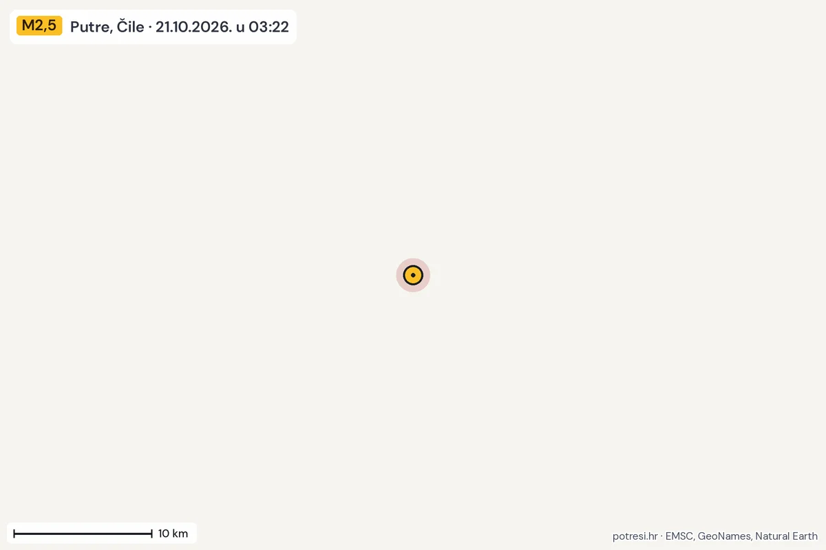 Karta: okolica epicentra, 60 km, potres M2,5, Putre, Čile, 21.10.2026.