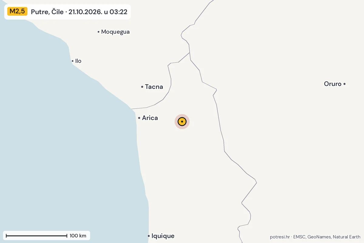 Karta: šire područje, 600 km, potres M2,5, Putre, Čile, 21.10.2026.