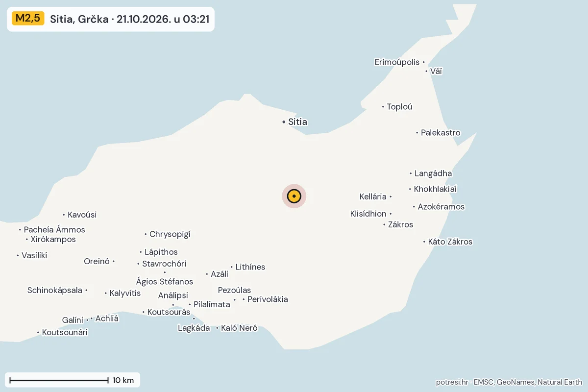 Karta: okolica epicentra, 60 km, potres M2,5, Sitia, Grčka, 21.10.2026.