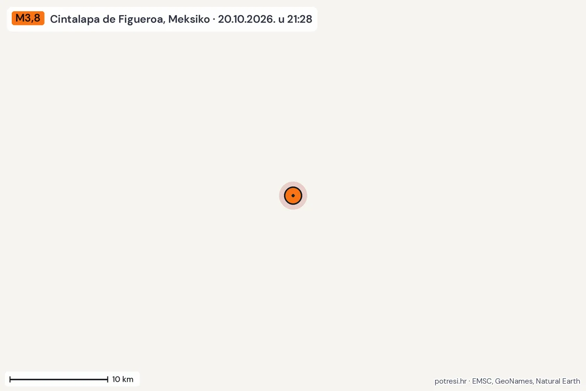 Karta: okolica epicentra, 60 km, potres M3,8, Cintalapa de Figueroa, Meksiko, 20.10.2026.