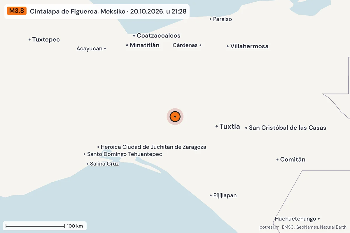 Karta: šire područje, 600 km, potres M3,8, Cintalapa de Figueroa, Meksiko, 20.10.2026.