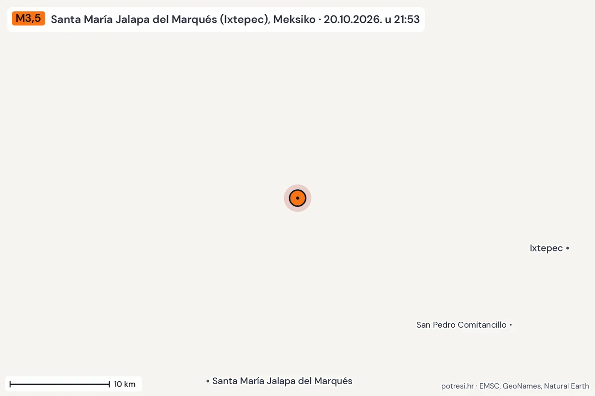 Karta: okolica epicentra, 60 km, potres M3,5, Santa María Jalapa del Marqués (Ixtepec), Meksiko, 20.10.2026.