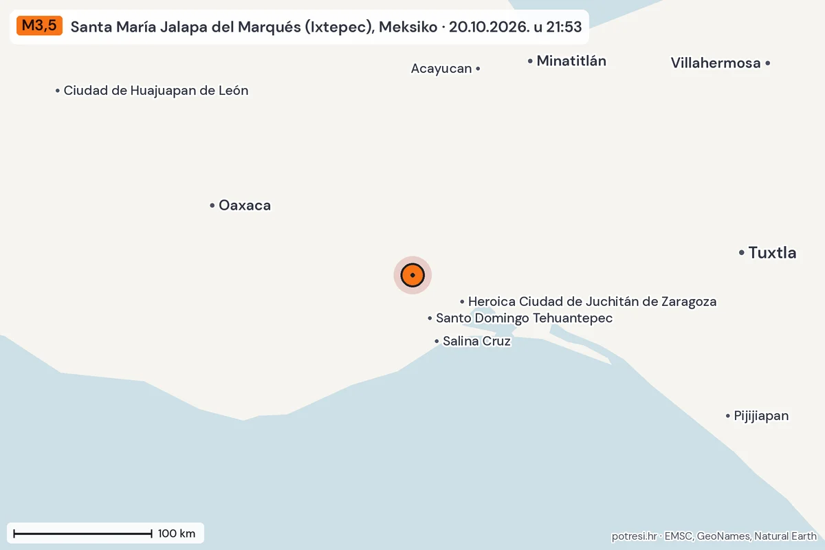 Karta: šire područje, 600 km, potres M3,5, Santa María Jalapa del Marqués (Ixtepec), Meksiko, 20.10.2026.