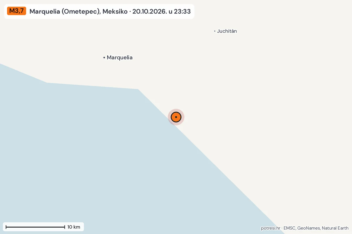 Karta: okolica epicentra, 60 km, potres M3,7, Marquelia (Ometepec), Meksiko, 20.10.2026.
