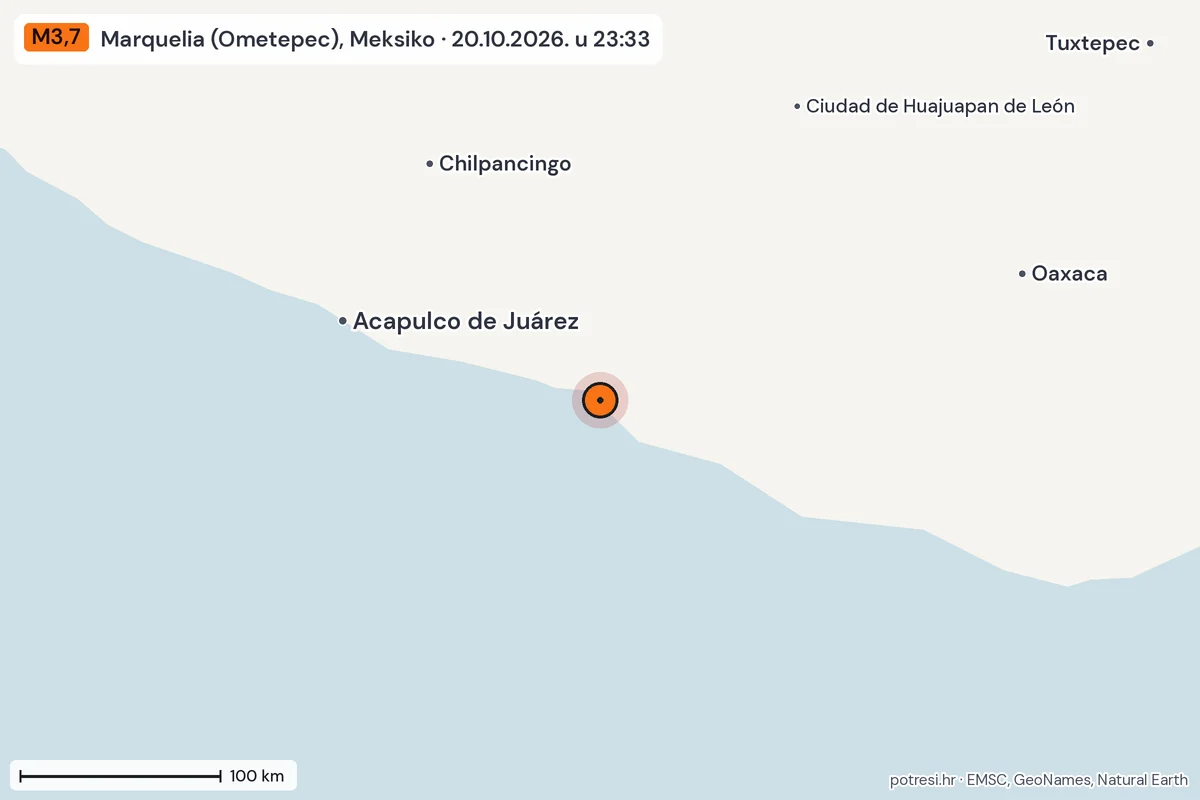 Karta: šire područje, 600 km, potres M3,7, Marquelia (Ometepec), Meksiko, 20.10.2026.