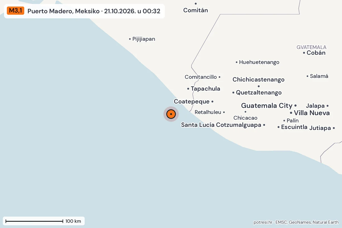 Karta: šire područje, 600 km, potres M3,1, Puerto Madero, Meksiko, 21.10.2026.