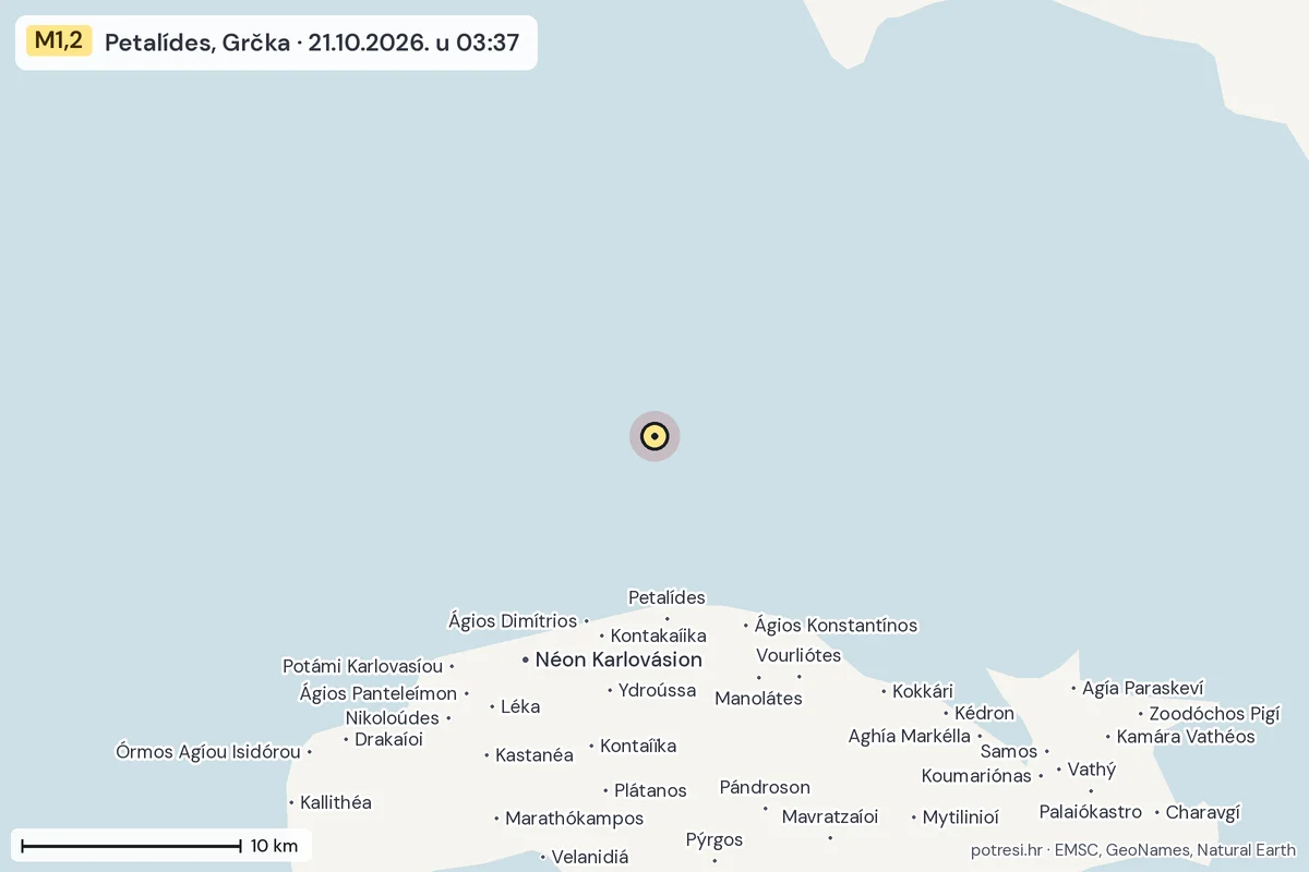 Karta: okolica epicentra, 60 km, potres M1,2, Petalídes, Grčka, 21.10.2026.