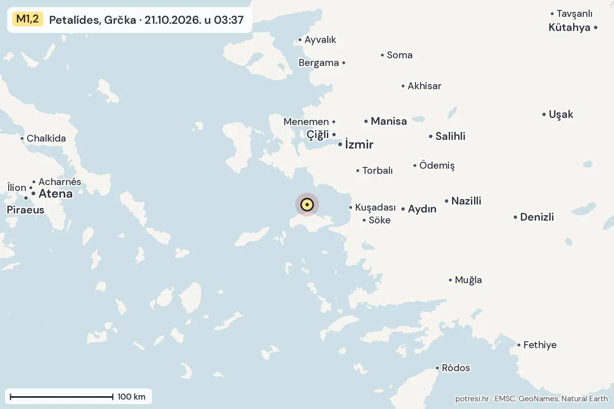 Karta: šire područje, 600 km, potres M1,2, Petalídes, Grčka, 21.10.2026.