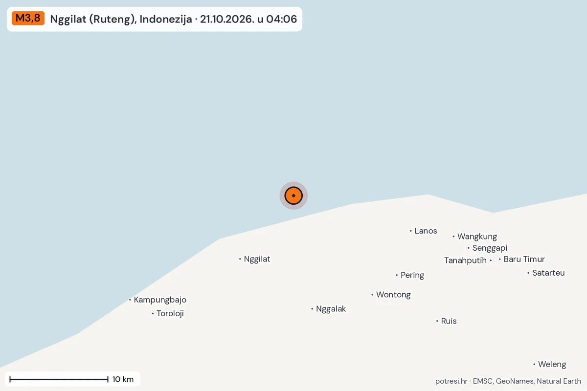 Karta: okolica epicentra, 60 km, potres M3,8, Nggilat (Ruteng), Indonezija, 21.10.2026.