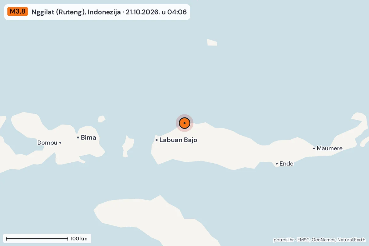 Karta: šire područje, 600 km, potres M3,8, Nggilat (Ruteng), Indonezija, 21.10.2026.