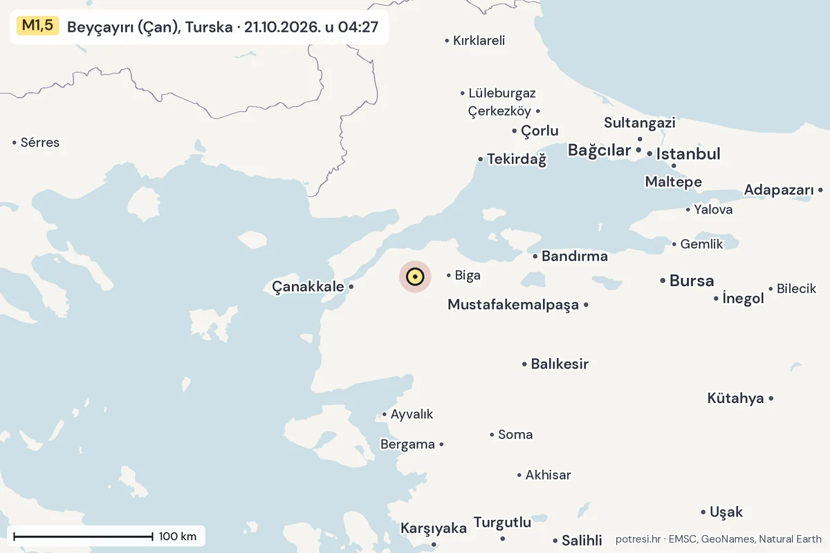 Karta: šire područje, 600 km, potres M1,5, Beyçayırı (Çan), Turska, 21.10.2026.