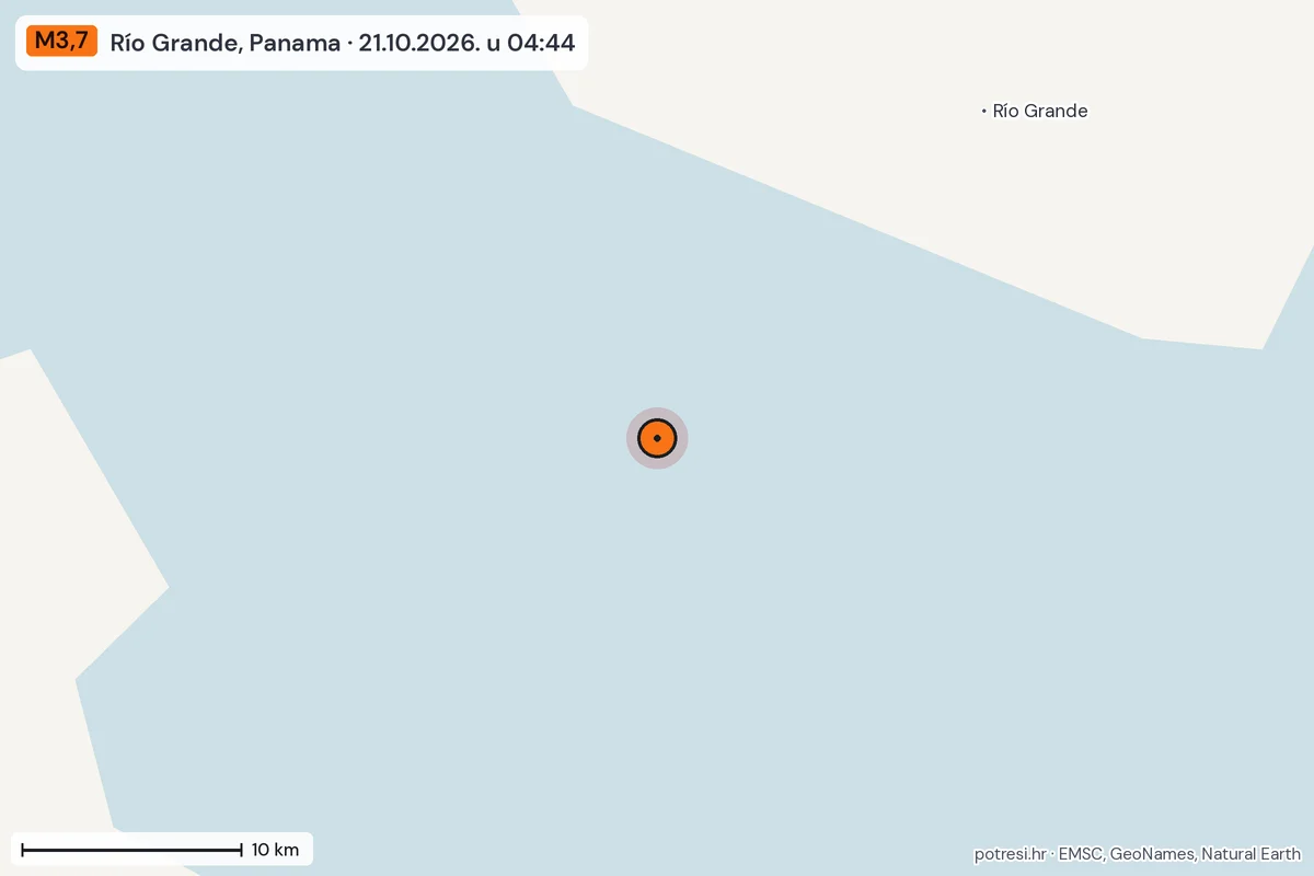 Karta: okolica epicentra, 60 km, potres M3,7, Río Grande, Panama, 21.10.2026.